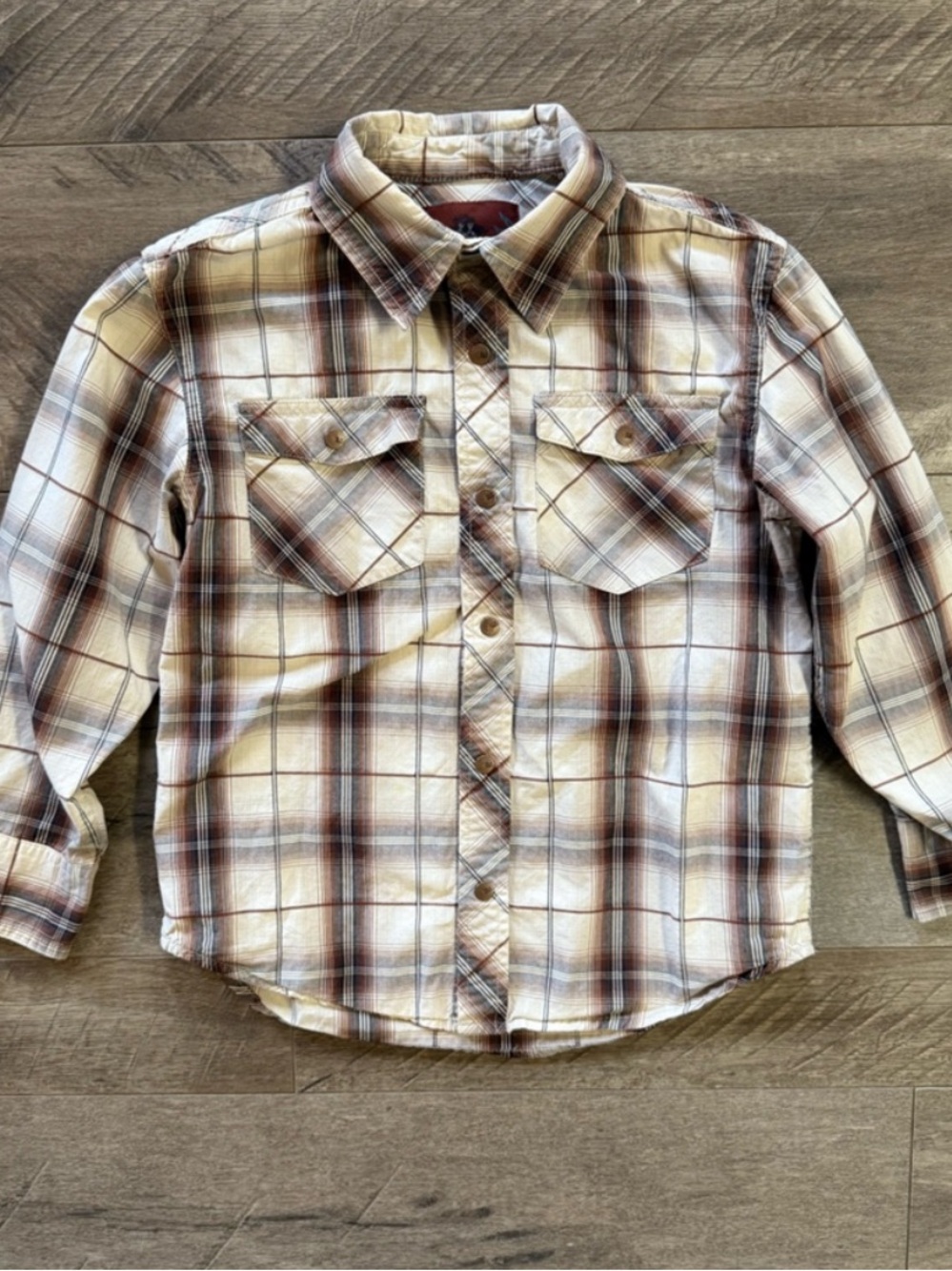 Old Navy Boys Plaid Snap Button-Up Shirt Brown Cream Tan Small